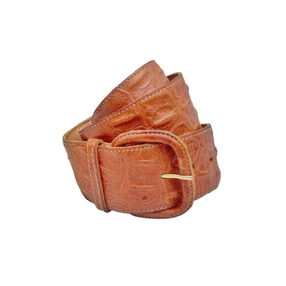 Vintage Cognac Croc Embossed Wide Leather Waist Belt Uruguay Made Western Resort